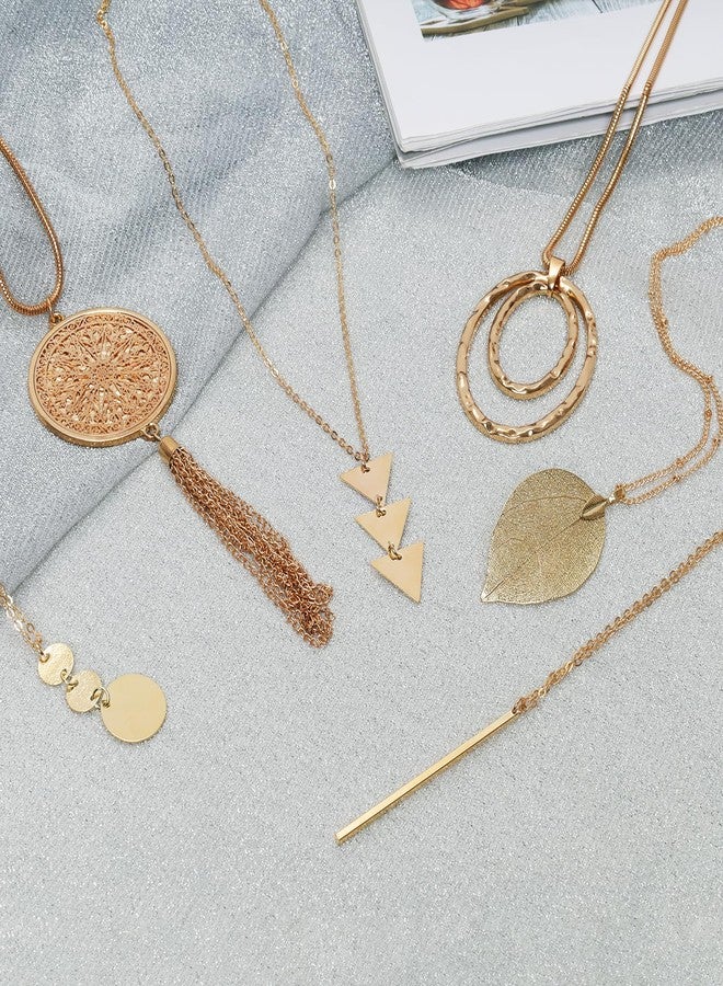 Hftjtsa 6Pcs Long Gold Necklaces for Women Long Statement Sweater Necklaces Tassel Pendant Neckace Set Jewelry Women Gifts (Classic, Gold) - Image 3